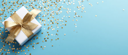 A white gift box with a gold ribbon is placed on a blue background. The scene includes scattered gold confetti, creating a festive atmosphere. The image is suitable for commercial use in holiday-themed projects, promotional materials, and celebratory designs, emphasizing the joy of giving.の素材