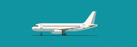 A white airplane is depicted in a side view against a solid turquoise backdrop. The illustration uses a minimalist vector style, with clean lines and simple shading. This image is suitable for a variety of uses, including presentations, advertising campaigns, and educational materials.の素材