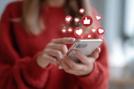 A woman holds a smartphone, interacting with floating social media icons such as hearts and thumbs-up symbols. The image focuses on the phone and hands against a blurred red background. The composition suggests an indoor setting, with soft lighting. Suitable for illustrating online interactions and digital communication for various commercial uses.の素材