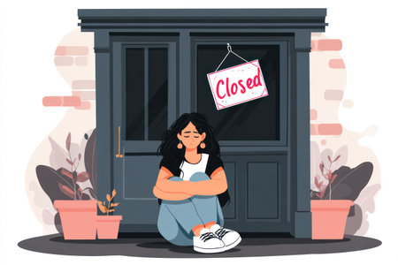 An illustration depicts a dejected woman seated outside a closed door. The artwork employs flat colors and simplified shapes. The scene evokes a sense of sadness, potentially related to business struggles or disappointment. Suitable for various editorial or commercial applications, it communicates themes of loss and setback.の素材