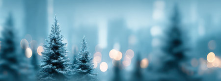The image features snowy fir trees in a soft focus against a blurred backdrop with bokeh lights. The composition is primarily blue and white, suggesting a cold environment. It could be used for various purposes, including holiday themes, seasonal designs, or general winter-related content.の素材