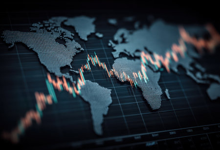 An overhead view reveals a world map subtly integrated with data visualizations. The charts, highlighted in red and green tones, depict fluctuating trends across the globe. The composition features a dark background with textured details, conveying concepts associated with global finance. Suitable for illustrative use in business contexts.の素材
