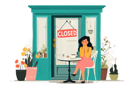 An illustration depicts a woman seated at a table outside a cafe, the door labeled "CLOSED". The image features a bright teal facade, potted plants, and a stylized aesthetic. The scene suggests leisure and relaxation with vibrant colors and a clean composition. Suitable for use in various commercial and editorial contexts.の素材