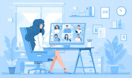 A woman participates in a video conference displayed on a computer screen. The illustration features a monochromatic color scheme with shades of blue. It showcases a modern interior design with a desk, chair, and decorative elements. This artwork is suitable for various uses, including business and technology-related content.の素材