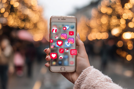 A person holds a smartphone with social media app icons displayed on the screen. The image features a shallow depth of field, with soft bokeh in the background. The scene likely takes place outdoors, possibly during the day. This could be used for articles, advertising, or visual content.の素材