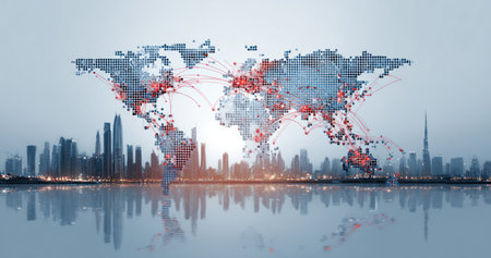 An artistic representation features a global map imposed over a modern cityscape. Red lines connect various points across the map. The composition utilizes a cool color palette with soft lighting and a reflective surface. This visual may be suitable for illustrating technology, global communication, or interconnected systems in commercial projects.の素材