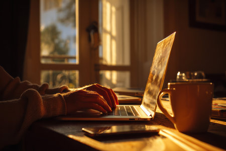 A person types on a laptop computer positioned on a desk. The scene features a warm color palette with strong backlighting from a window, emphasizing a silhouette effect. A coffee mug and a mobile phone sit nearby. Suitable for use in a variety of visual communication projects with copy space.の素材