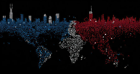 An artistic representation of a world map, bisected into blue and red halves. Each side features city silhouettes constructed from small abstract elements. The composition uses high contrast against a black background. Suitable for illustrating concepts of conflict, cooperation, global issues, or digital design.の素材