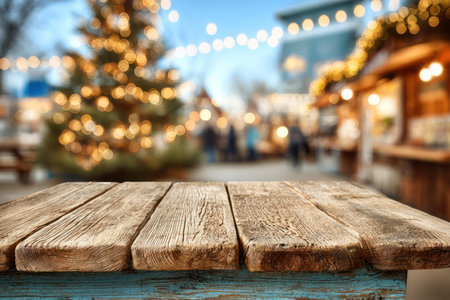 A rustic wooden table is featured prominently, providing a surface for product placement. In the background, a blurred scene depicts festive lights, a decorated tree, and stalls suggesting a market setting. The composition uses shallow depth of field, with soft lighting and warm tones. Ideal for commercial applications.の素材