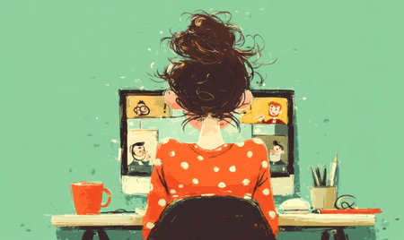 An illustration depicts a woman engaged in a video conference call, facing a screen showing multiple participants. The image features a bright teal background, an orange polka-dot sweater, and a red mug. The style suggests a digital painting, suitable for various editorial and commercial applications. The scene evokes a sense of modern work and collaboration.の素材