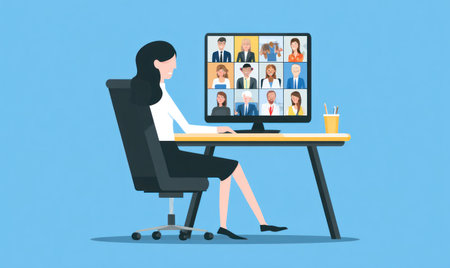 An illustration depicts a woman seated at a desk, engaging in a video conference on a computer. The image features a bright blue background and clean lines. The composition suggests an indoor setting. This image may be suitable for illustrating business, communication, and technology related topics.の素材