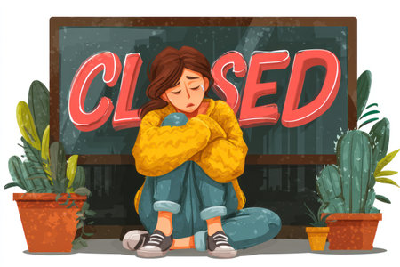 An illustration depicts a woman sitting dejectedly near a blackboard with the word "CLOSED". She is surrounded by potted plants. The style is cartoonish with bright colors. The composition is straightforward with soft lighting. Potential uses could be for commercial designs or editorial content related to closures or disappointment.の素材