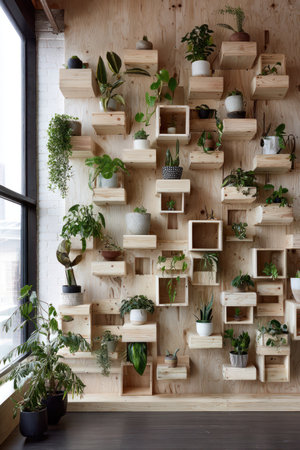 An assortment of potted green plants are arranged on various wooden shelves attached to a light-colored wall. The composition displays a variety of plant types, sizes, and textures. The image may be suitable for illustrating home decor, gardening, or lifestyle content and could be used for commercial purposes.の素材