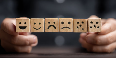 A person holds wooden blocks, each featuring a different facial expression. The expressions range from happy to sad, with additional blocks displaying star ratings. The close-up shot uses natural lighting, highlighting the wooden texture and simplistic style. This image could be used for content related to customer satisfaction or feedback.の素材