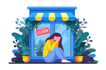An illustration depicts a woman seated outside a closed storefront, visibly distressed. The image uses bright colors and a flat design style, featuring a blue awning and stylized plants. The scene suggests a day setting, possibly representing economic struggles, suitable for editorial or commercial applications. The composition uses vector graphics.の素材
