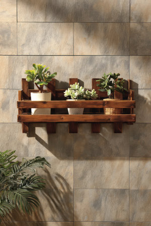 A wooden shelf displays several potted plants against a textured wall backdrop. The composition features a symmetrical arrangement with varying plant types and pot designs. Warm lighting casts shadows, creating depth and highlighting the natural elements within. This image is suitable for home decor, lifestyle, and design-related projects.の素材