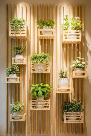 A vertical arrangement showcases multiple potted plants on a wooden wall. The scene is brightly lit, highlighting the green foliage against the warm-toned wood. This composition, with its clean lines and natural elements, is suitable for editorial or commercial purposes, possibly for illustrating interior design or eco-friendly living.の素材