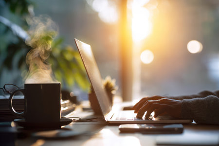 A person is working on a laptop at a desk with a coffee cup in the foreground. The scene is illuminated by warm sunlight, creating a bright ambiance. Focus is on hands typing, suggesting productivity. Suitable for articles on technology or work.の素材
