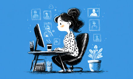 An illustration depicts a woman at a desk using a computer. The graphic showcases a blue background with a black and white stylized illustration of a female, seated at a desk. Computer monitor and office accessories are displayed. Suitable for general use, including editorial or commercial applications.の素材