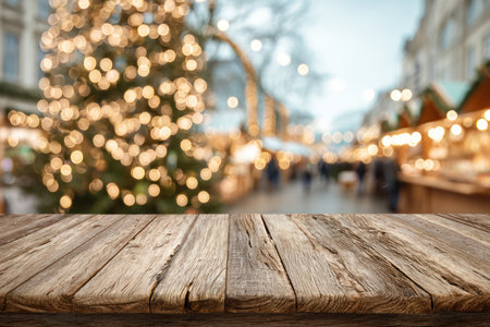 A wooden table is positioned in the foreground, with a blurred backdrop featuring a Christmas tree adorned with glowing lights. The scene suggests an outdoor setting with festive stalls. The image offers a sense of warmth and holiday atmosphere, suitable for seasonal promotions or editorial content.の素材