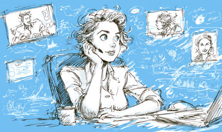 An illustrated woman sits at a desk, engaged with a laptop and digital images. The sketch style emphasizes lines and shading with light blue tones. The composition includes a cup, paper, and various framed sketches. This image could be used for articles, advertising or educational purposes.の素材