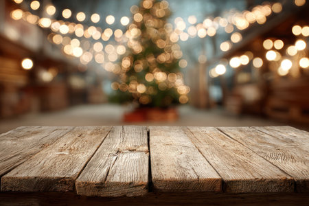 A rustic wooden table in the foreground contrasts with a blurred Christmas tree and decorative lights in the background. The warm color palette creates a festive atmosphere. The composition utilizes a shallow depth of field, emphasizing the texture of the wood. This image may be suitable for holiday-themed advertising or editorial content.の素材