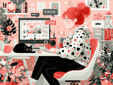 A woman sits at a desk, focused on a computer screen. The illustration showcases a cheerful aesthetic with a palette dominated by pinks, whites, and blacks. It features a playful composition, suggesting a cozy indoor environment with floral decorations, suitable for various editorial and promotional applications.の素材