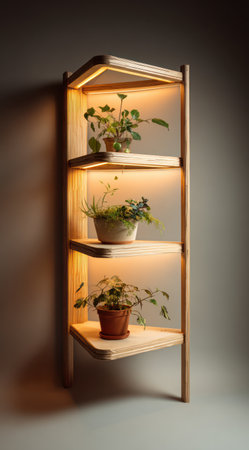 A vertical, wooden plant shelf displays several potted green plants, illuminated by warm lighting. The design features a simple, modern aesthetic with visible wood grain texture. The lighting creates a cozy, inviting ambiance. This image is suitable for various commercial uses, including home decor and lifestyle content.の素材