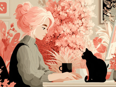 An illustration depicts a woman at a desk, typing on a laptop, alongside a black cat. The scene features a warm color palette with shades of pink and green, creating a soft and inviting ambiance. The composition includes plants and flowers, suggesting an interior setting with natural elements, suitable for various editorial and commercial applications.の素材