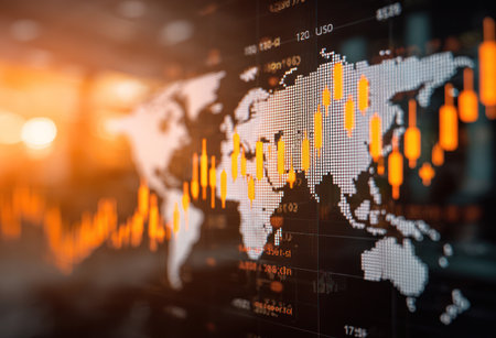 A digital illustration presents a world map with financial data superimposed. The image showcases glowing lines and bar graphs over the map. The color palette includes shades of orange, yellow, and white, suggesting a dynamic and technological theme. This image is suitable for commercial and editorial applications related to finance and economics.の素材