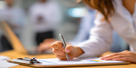 A woman's hand is seen writing on a paper placed on a clipboard. The image features soft lighting and a shallow depth of field, with other people blurred in the background. The scene suggests an indoor environment, possibly a business meeting or work setting, suitable for commercial uses.の素材