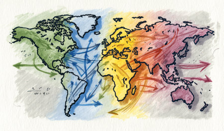 This illustration presents a world map divided into colored regions with connecting arrows. The artwork utilizes watercolor techniques, creating a soft, artistic style. The composition suggests global connectivity and interactions. It's suitable for representing international concepts, such as trade, communication, or travel, and is adaptable for editorial or commercial uses.の素材