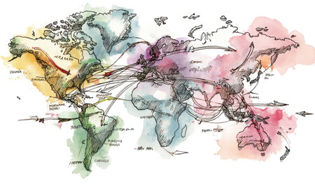 This illustration presents a world map overlaid with interconnected arrows, suggesting global connections. Watercolor washes in various colors form the background. The artistic style and composition could be suitable for commercial projects or editorial content. The image emphasizes international relationships or data visualization.の素材