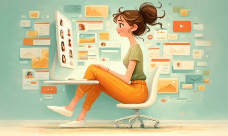 An illustration depicts a woman using a computer with numerous social media and online platform icons floating around. The artwork features bright colors, a clean style, and a simple composition. It suggests an indoor setting, possibly representing online activity and communication. Suitable for use in educational materials or commercial design.の素材