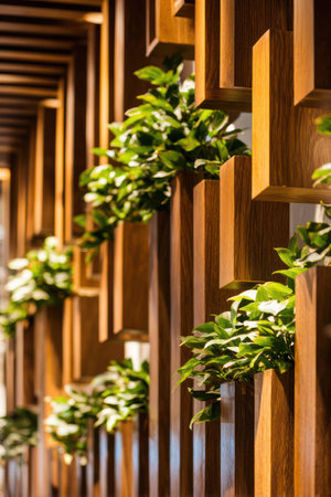 The image showcases a wooden wall design with built-in plant displays. The composition highlights the wooden structures, with green plants adding contrast. The lighting suggests an indoor setting. This image could be used for various commercial or editorial purposes, showcasing architecture or interior design.の素材
