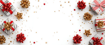 An overhead shot showcases gift boxes with red and golden bows arranged on a white backdrop. The composition features a symmetrical arrangement, with scattered confetti adding visual interest. This image could be suitable for various commercial uses, including advertisements or editorial content, suggesting a celebratory theme.の素材
