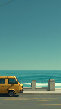 A yellow van is parked along a seaside road with an expansive view of the ocean. The scene features a clear, bright sky and a light-toned road. The composition is simplified with a minimalist style, and could be suitable for travel, transportation, or lifestyle related content.の素材