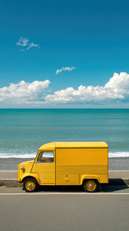 A vibrant yellow delivery truck is parked by a coastal road. The image showcases the truck against a backdrop of a bright blue sky dotted with fluffy white clouds, and a calm ocean. This composition features sunny lighting and a simple, clean aesthetic suitable for various commercial uses.の素材