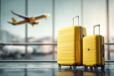 Two bright yellow suitcases stand on a polished floor in front of a large window. A blurred airplane is visible in the background, suggesting an airport setting. The scene features soft lighting and a focus on travel elements, potentially suitable for commercial or editorial applications related to tourism or transportation.の素材