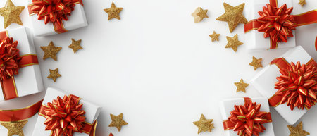 This image showcases several white gift boxes adorned with vibrant red bows and ribbons. Scattered across the surface are numerous gold star ornaments. The composition is arranged against a clean, white backdrop, suggesting a festive or celebratory occasion. This visual could be used in various commercial or editorial projects related to gifting and holidays.の素材