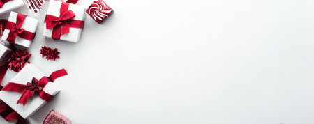 An overhead shot reveals a collection of wrapped gift boxes adorned with red ribbons. The composition features a clean, white backdrop that enhances the vibrant red and crisp white of the presents. This setting offers a versatile background suitable for commercial projects needing an elegant, celebratory visual.の素材