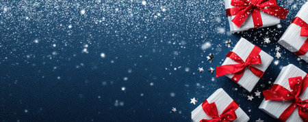 An overhead shot reveals several wrapped gift boxes adorned with red bows. The boxes rest against a dark blue background scattered with glittering particles. This visual composition, featuring a festive color scheme and textures, is suitable for commercial applications related to celebrations or giving.の素材