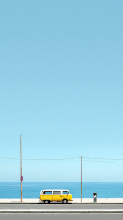 A yellow and white van is parked near the coast on a sunny day. The scene features a clear blue sky meeting the sea at the horizon. The composition is minimalist, the style clean, and the lighting is natural, suggesting outdoor travel and adventure. This image could be suitable for various commercial or editorial uses.の素材