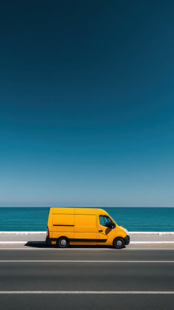 A bright yellow commercial van is positioned on a road beside a coastal landscape. The vehicle's form is sharply defined against a vibrant blue sky and sea. The image showcases a modern style with clean lines, suitable for transportation, logistics, and business concepts. The composition provides ample copy space.の素材