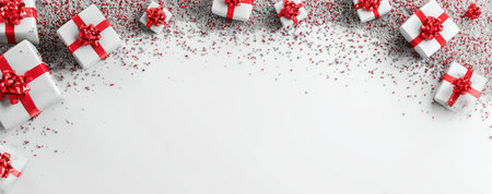 This image features numerous wrapped gift boxes with red ribbons scattered across a white surface, along with small confetti. The composition displays a top-down view, with daylight lighting enhancing the vivid colors. This setup would be suitable for various commercial uses related to celebrations.の素材