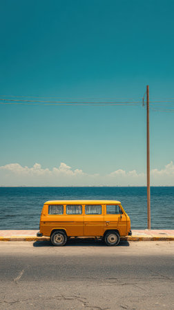 A yellow van is parked next to a road, set against a backdrop of the ocean under a clear blue sky. The composition features a horizontal plane with the van, a vertical pole, and a contrasting background. It offers a sense of travel and transportation, suitable for various commercial and editorial applications.の素材