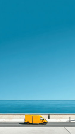 A vibrant image depicts a yellow van traversing a road alongside the ocean, with a serene blue sky overhead. The composition features clean lines and minimalist aesthetics, with bright colors and a sense of openness. It could be suitable for commercial use, offering a sense of travel, transport or delivery.の素材