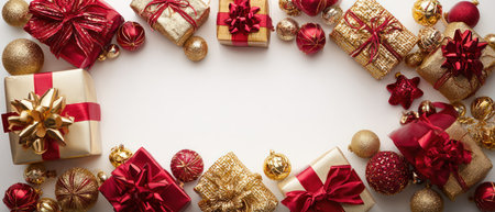 An overhead shot showcases an arrangement of wrapped gifts and decorative ornaments. Presents feature ribbons, and shiny wrapping. The color palette includes red, gold, and cream hues. This composition suggests a festive context and has potential uses in various commercial applications.の素材