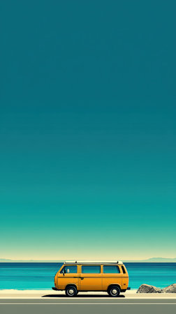 An illustration depicts a yellow van parked by the seaside road against a gradient blue sky. The scene presents a sunny day, showcasing a vehicle with a retro design. The minimalistic style and vibrant colors suggest possible use for travel, vacation, or transportation-themed visuals. This image can serve various commercial and editorial purposes.の素材