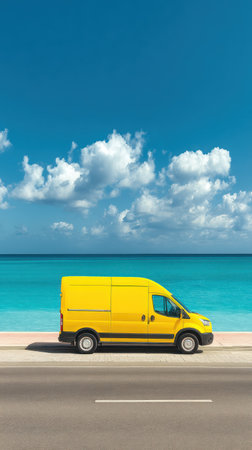 A bright yellow delivery van is parked beside a calm ocean under a clear blue sky. The image showcases the vehicle against the backdrop of the sea and fluffy white clouds. It features vibrant colors and a clean composition, suitable for various commercial or editorial applications.の素材
